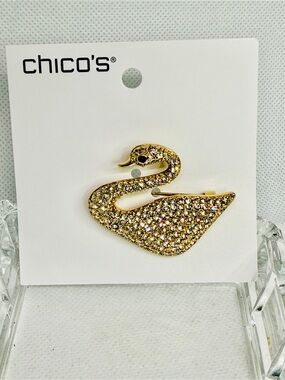 Chico's Brooch Gold Tone Sparkling Crystals Swan New.